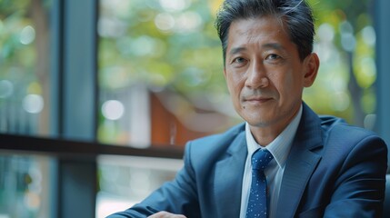 Mature asian businessman in company office image copy space. Successful company ceo near window banner background blurred. Commerce and finance concept photography copyspace