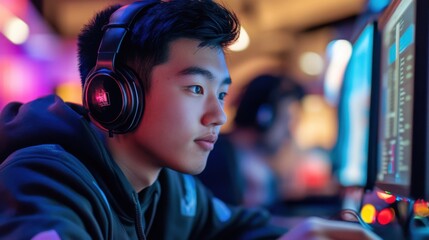 Student with headphones attending virtual training class