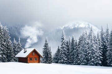 Fototapeta premium rustic wooden cabin surrounded by snow covered pine trees, smoke gently rising from the chimney, minimal background with copy space at daytime in the forest