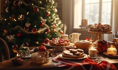 Cozy Christmas morning scene with a tree, presents, and a breakfast table set with holiday treats