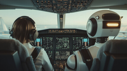 Airplane cockpit with human pilot and robot copilot flying using artificial intelligence