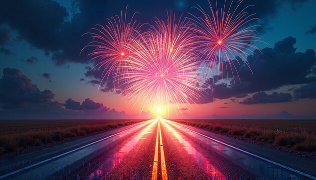 Vibrant fireworks illuminating a road at sunset, symbolizing a celebration for the New Year and new beginnings