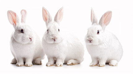 Obraz premium Collection of three white rabbits (portrait, sitting), animal bundle isolated on a white background as transparent PNG.