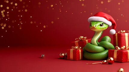 A green snake in a red New Year's hat lies on the wrapped gifts. New Year red background