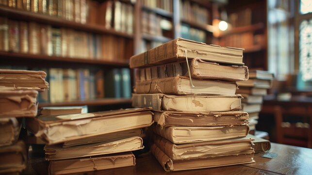 Ancient books piles arranged on table in library image. Old publication of novels and textbooks photography scene wallpaper. Literature heritage concept photorealistic photo