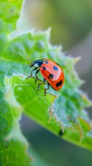 Obraz premium Red ladybug black spots perched spiky green leaf bright natural outdoor