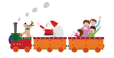 クリスマスの日にサンタクロースとトナカイが汽車でプレゼントを運んでいる。
