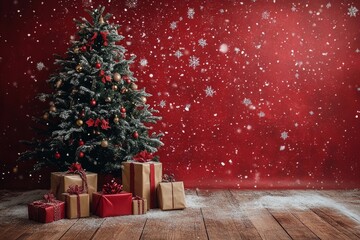 Christmas tree adorned with ornaments and gifts against a festive red background during winter
