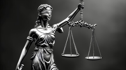 Femida holding balanced scales monochrome 3d rendering image. Old goddess of justice and court trials background wallpaper colorful realistic. Fair judgement for everyone concept idea