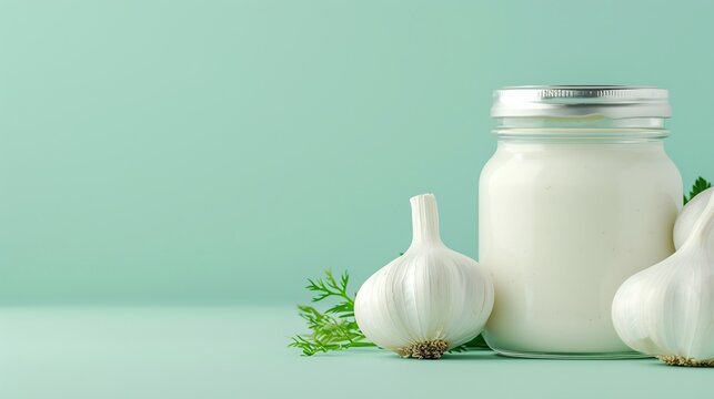 Jar of creamy garlic sauce with whole garlic bulbs and fresh herbs on green background, minimalistic condiment design, natural ingredients, copy space for text, kitchen decor

