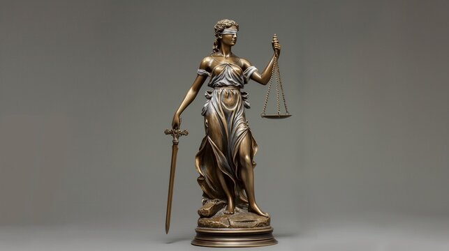 Bronze statue of femida goddess 3d rendering image. Symbolic lady of justice with scales and sword background wallpaper colorful realistic. Blind judgement symbol concept idea