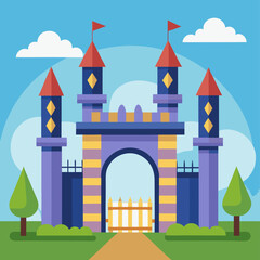 A whimsical cartoon illustration of a fairytale castle gate, perfect for adding a touch of magic to children's books, games, or any project that needs a touch of fantasy.