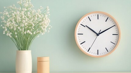 A vintage wall clock showing the time as two thirty against a white wooden background