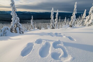 The image shows the number '2025' formed in the snow with reindeer footprints, surrounded by a winter landscape featuring snow-covered pine trees