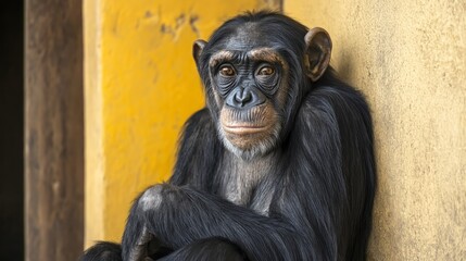 elderly female chimpanzee, Gray-peppered black fur, deep-set eyes