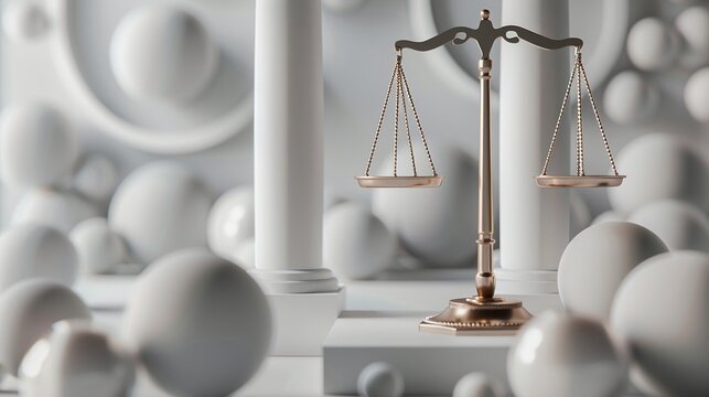 Balanced scales with balls near antique columns image copy space. Weighing criminal guilt composition banner background blurred. Court trial attribute concept photography copyspace