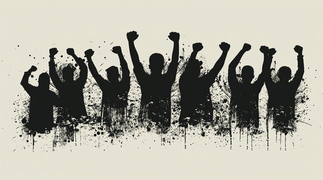 Activists group raising hands silhouettes background image. Aggressive street protests 2d illustration wallpaper picture backdrop. Riot concept for business presentation corporate