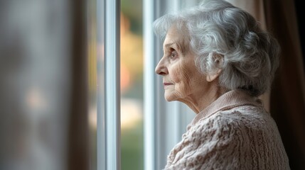 An elderly woman with gray hair gazes contemplatively out of a window, reflecting on life