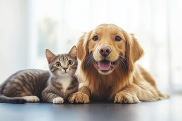 A playful cat and a friendly golden retriever relaxing together in a bright indoor setting