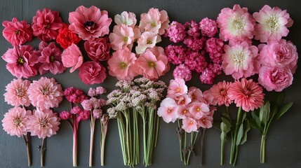 Obraz premium A vibrant arrangement of pink flowers on a wooden surface showcasing variety and beauty
