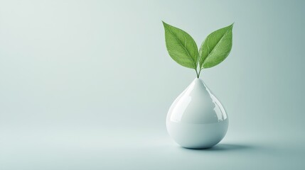 A glossy water droplet with two green leaves emerging from the top, set against a soft, light background
