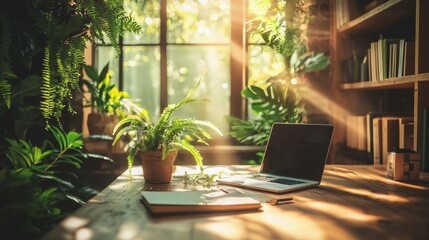 Home office with laptop in a sunlit room filled with plants