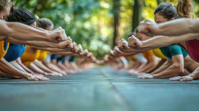 Group of fitness enthusiasts engaging in push-up challenge outdoors in a forest setting