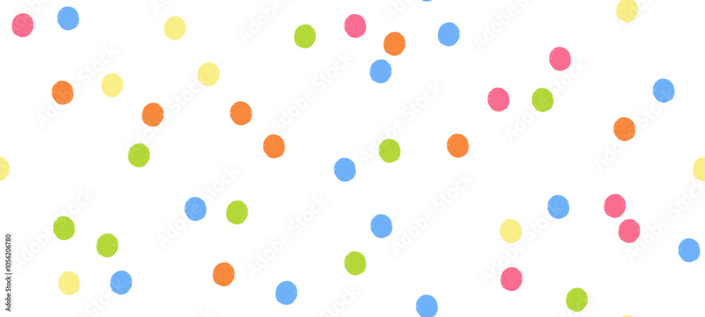 Poster Vector crayon dot pattern with colorful splotches. Irregular, whimsical polkadot seamless background in primary colors.