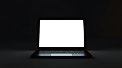 A laptop with blank white screen is in a dark room.