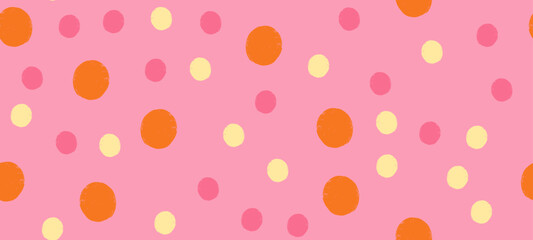Seamless vector pattern with crayon dots and splotches in whimsical polkadot design. Fun, abstract pink background.