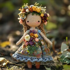 Beautiful handmade doll wearing a wreath with flowers and a dress crocheted nice lovely girl decor...