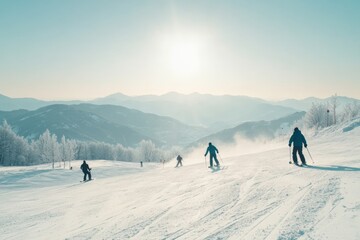 ski resort - skiers and snowboarders on a snowy slope, with dramatic mountain scenery in the background, minimal background with copy space