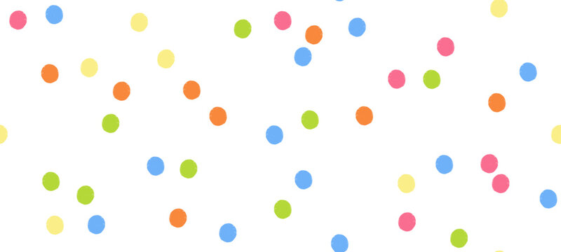 Vector crayon dot pattern with colorful splotches. Irregular, whimsical polkadot seamless background in primary colors.