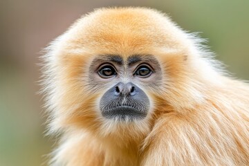 Obraz premium Adorable golden-furred monkey looking directly at the camera in soft daylight setting with a blurred background