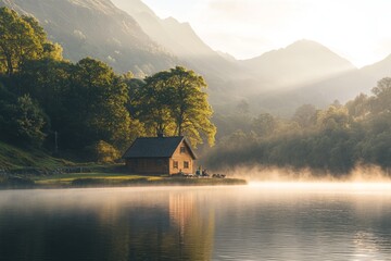 Fototapeta premium A serene lakeside cabin surrounded by lush mountains. Morning light creates a tranquil atmosphere. Perfect for nature lovers and peaceful retreats. Generative AI