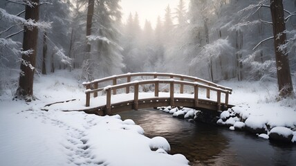 Tranquil winter scene featuring a wooden bridge covered in snow, spanning a gently flowing creek in a serene forest
