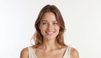 Smiling young woman with long hair against a plain background