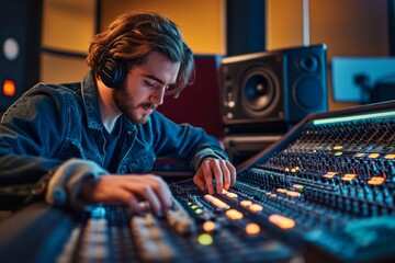 A focused audio engineer in a professional studio. He fine-tunes sound levels with precision. The atmosphere is vibrant and creative. Generative AI.