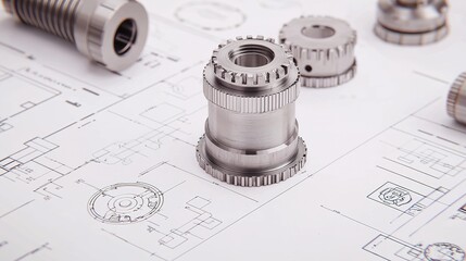 The image showcases metallic mechanical components positioned on engineering blueprints, emphasizing precision in design and manufacturing.