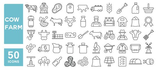 Set of 50 line icons related to cow farm, farm, milk, dairy, meat, market, harvest, manufacture, cheese, cows, calf, cattle, Editable stroke. Vector illustration © M Design