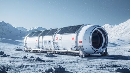 A futuristic lunar habitat showcases sleek design amid a barren, moonlit landscape, emphasizing advanced space exploration technology.