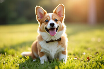 corgi smiling and sitting on the grass