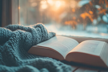 Blurred image of book and gray blanket on window, winter landscape outside window, free space for text