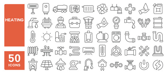 Set of 50 line icons related to heating, home, pump, boiler, thermostat, fan, flame, plumbing, electric, burner, Editable stroke. Vector illustration