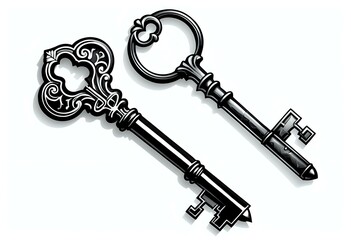 Two vintage keys with intricate designs on a white background 
