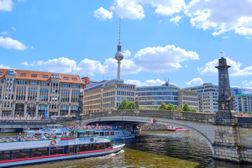 19 August 2024 Berlin (Germany) - August: panorama of the Alexanderplatz in Berlin against blue sky.