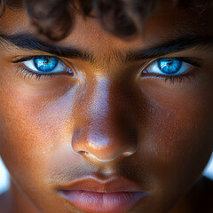 A close-up portrait of a young boy with captivating blue eyes and a tanned complexion, exuding innocence and curiosity.