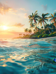 Fototapeta premium Serene close-up of calm sea waves with a tropical sunset illuminating palm trees in the background. Ideal for themes of relaxation, paradise, and natural beauty. Generative AI