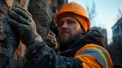 A construction worker in an orange hard hat and gloves diligently applies concrete to a wall at a building site during the early morning, showcasing concentration and skill