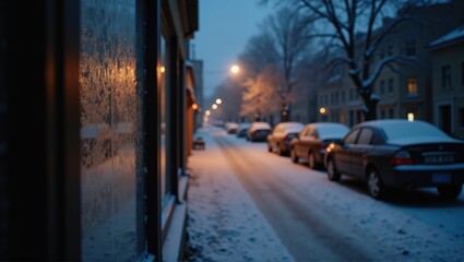 Obraz premium Dusk-lit snowy street with parked cars, glowing windows, tranquil mood, urban winter scene. Generative, AI,